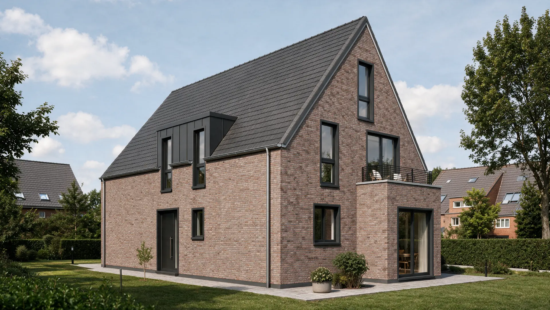 Visualisierung Einfamilienhaus: Gartenansicht mit Terrasse und Dachgaube